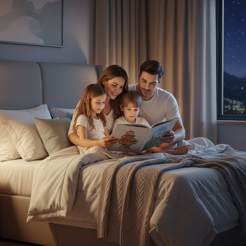 Familia en la cama leyendo un libro juntos.