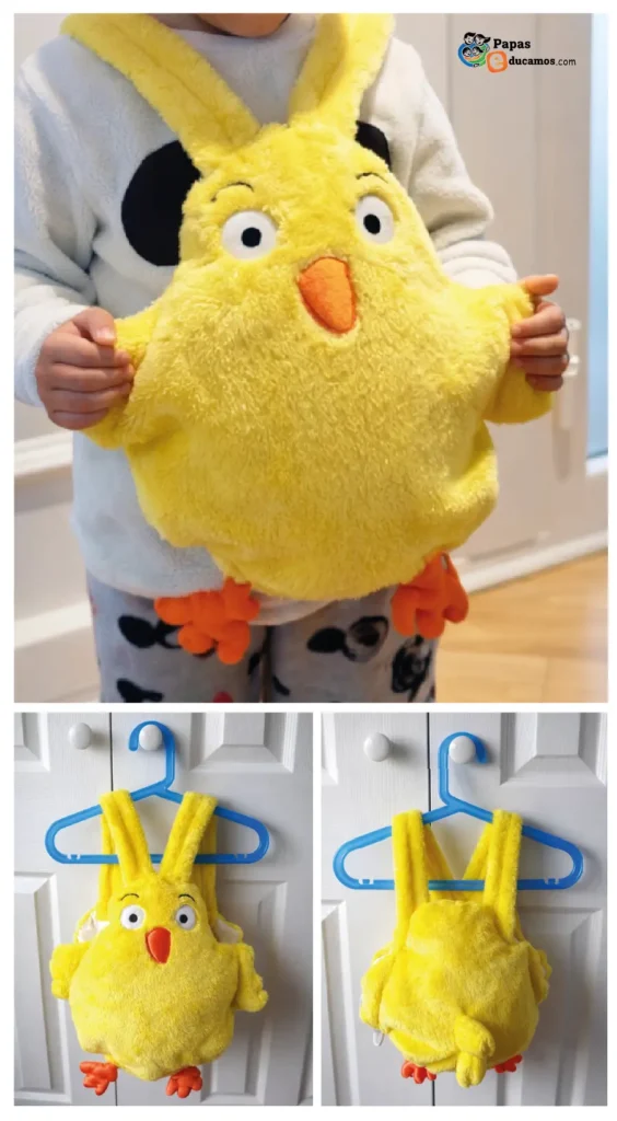 Disfraz infantil del pollo Pepe hecho a mano, mostrado por delante y por detrás.