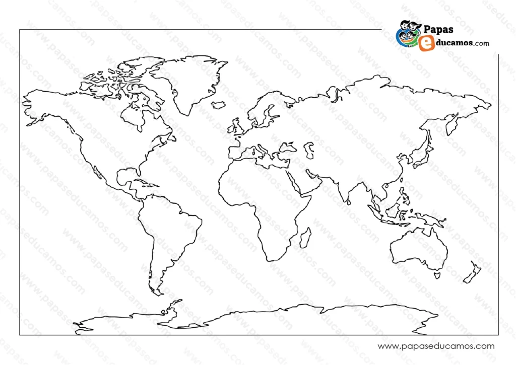 Mapa del mundo en blanco y negro con los continentes delineados, sin nombres ni colores, ideal para actividades educativas infantiles, ejercicios de geografía y material didáctico imprimible.