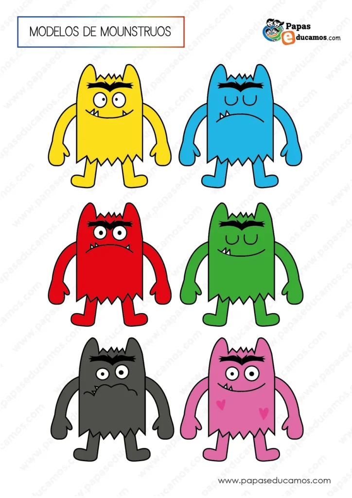 Modelos de monstruos de colores para disfraces infantiles, con seis diseños diferentes en amarillo, azul, rojo, verde, gris y rosa, pensados como plantillas para manualidades y disfraces caseros.