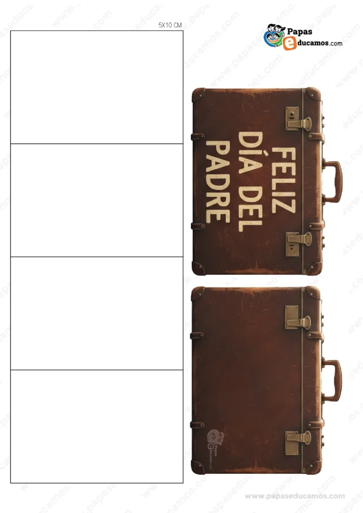 Plantilla imprimible de la Maleta de Recuerdos para el Día del Padre, con dos maletas (frontal y trasera) y una tira de cuatro cuadrados para montar los soportes y que quede de pie.