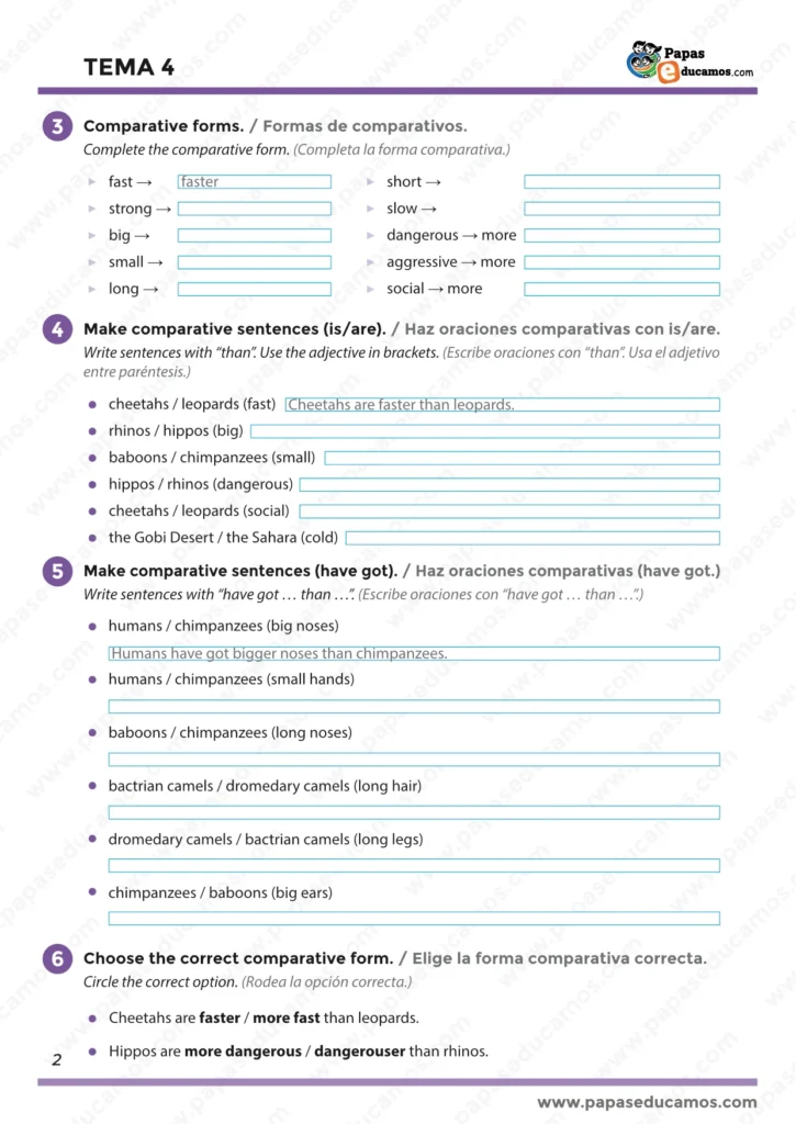 Ejercicios de comparativos en Inglés 5º Primaria: comparative forms y oraciones con than (is/are y have got)