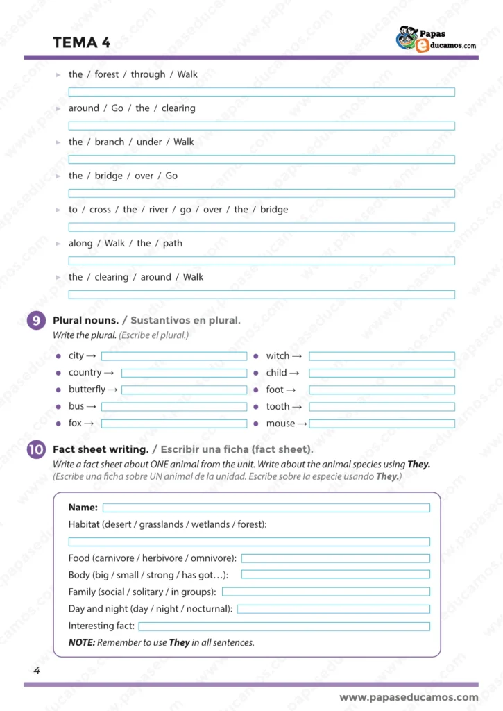 Tema 4 Inglés 5º Primaria: plurales en inglés y writing de una ficha informativa (fact sheet) sobre un animal