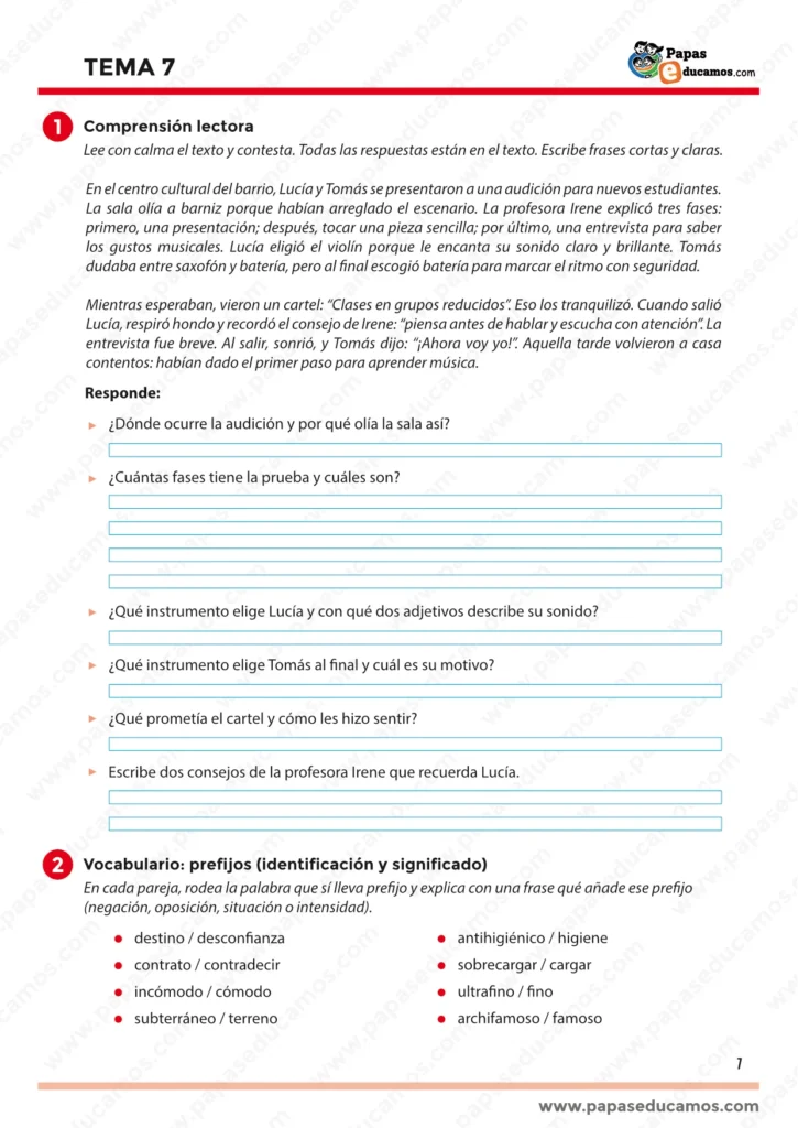 Página 1. Lectura sobre una audición musical con preguntas de comprensión. Actividad de vocabulario para reconocer palabras con prefijo y explicar qué significado añade (negación, oposición, situación o intensidad).