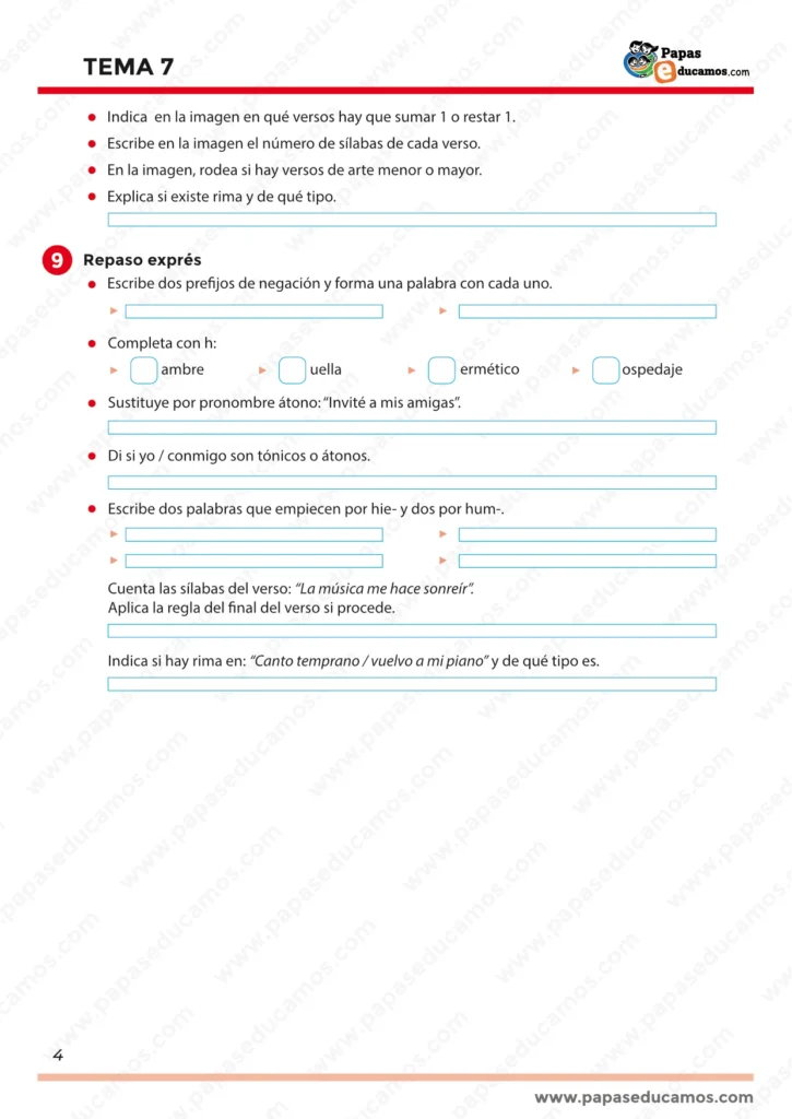 Página 4. Actividades finales: aplicar reglas de sílabas y palabra final en versos, explicar si hay rima y de qué tipo, y un repaso exprés con prefijos de negación, completar con h, sustituir por pronombres átonos, distinguir yo/conmigo y ejercicios rápidos de métrica y rima.