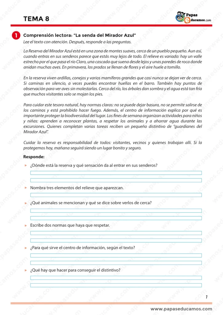 Texto de lectura sobre una reserva natural y actividades de comprensión: localización, relieve, animales, normas de cuidado del entorno y preguntas de respuesta escrita.
