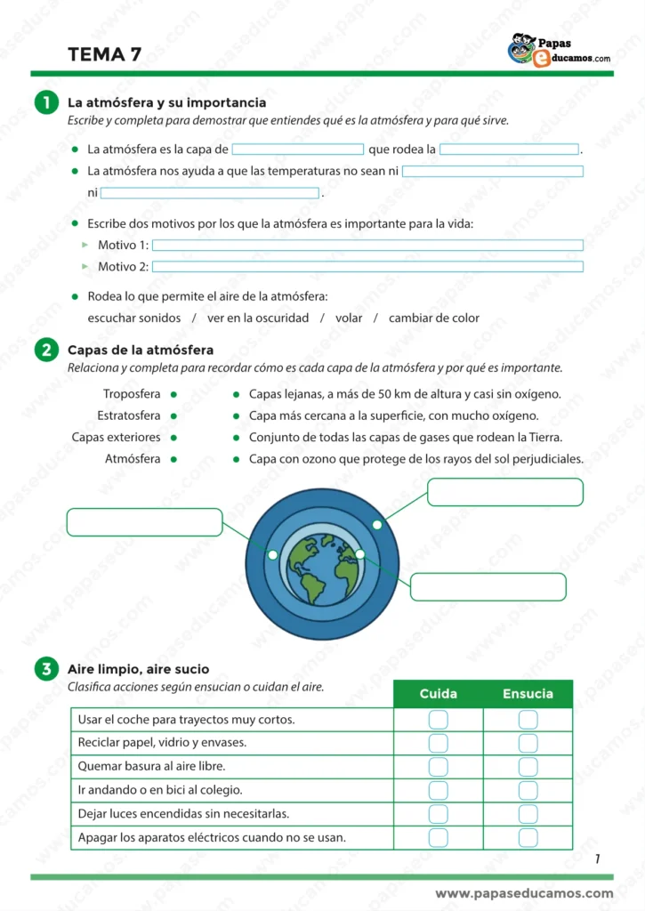 Página 1. Actividades para completar qué es la atmósfera y por qué es importante, relacionar capas (troposfera, estratosfera y capas exteriores) y clasificar acciones que cuidan o ensucian el aire.