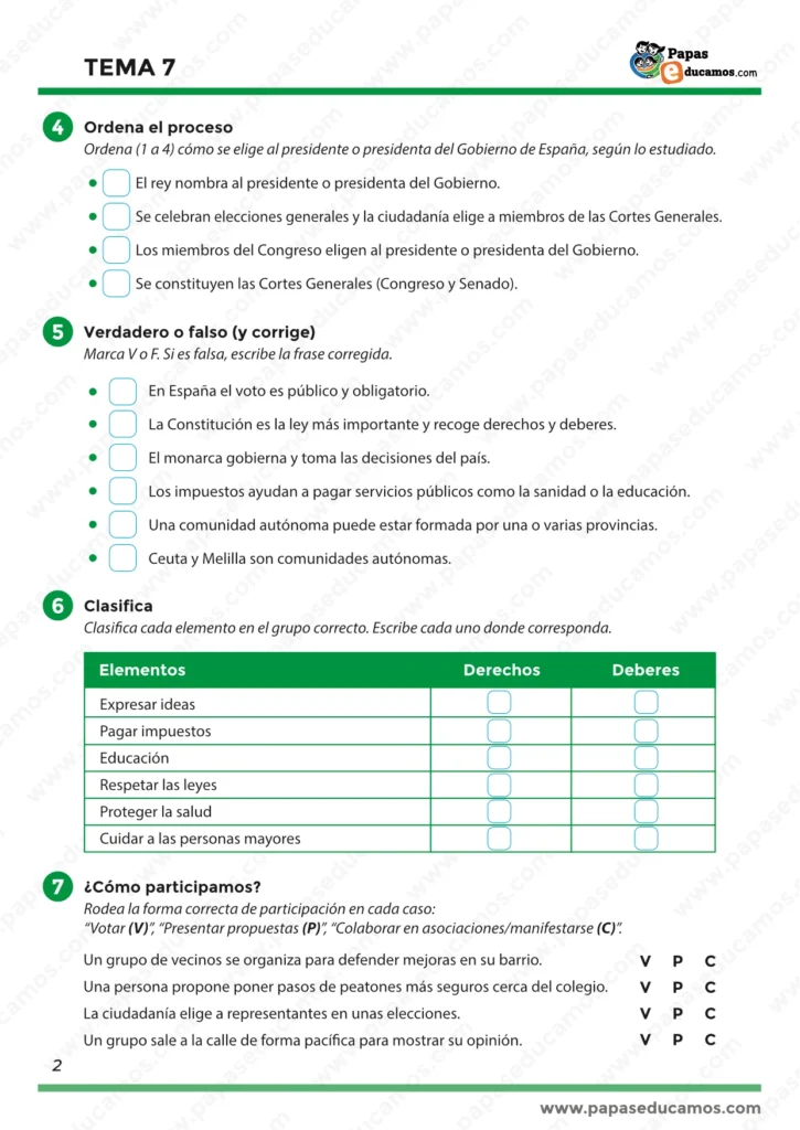 Página 2. Ordenar el proceso de elección del presidente del Gobierno de España, verdadero o falso con corrección, clasificar derechos y deberes y actividades sobre formas de participación ciudadana (votar, proponer, colaborar/manifestarse).