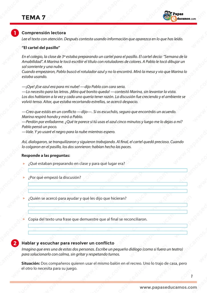 Lectura “El cartel del pasillo” con preguntas de comprensión y actividad para imaginar un diálogo tranquilo para resolver un conflicto en el recreo (hablar, escuchar y respetar turnos).