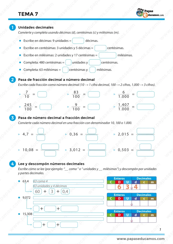Actividades de unidades decimales (décimas, centésimas y milésimas), pasar de fracción decimal a número decimal y de decimal a fracción, y empezar a leer y descomponer números decimales con tabla de valor posicional.