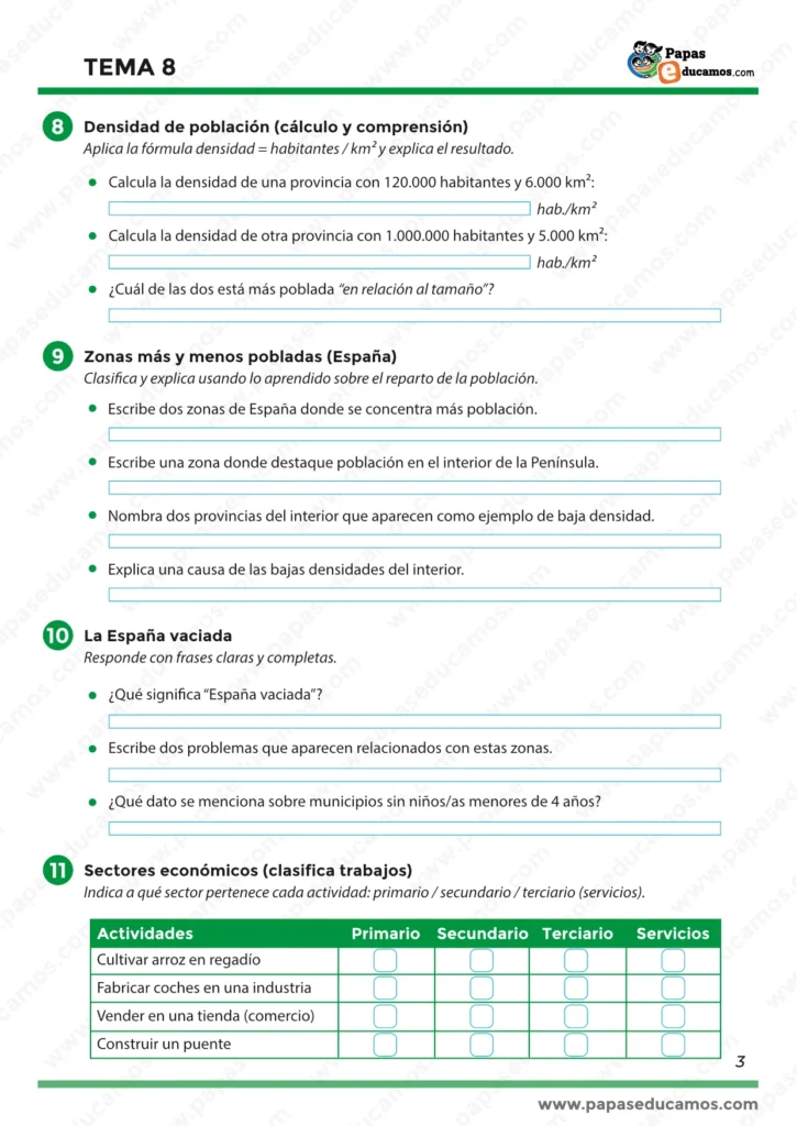 Actividades de cálculo e interpretación de densidad de población, identificación de zonas más y menos pobladas de España y explicación de “España vaciada”. Incluye una tabla para clasificar trabajos por sector económico (primario, secundario y servicios).