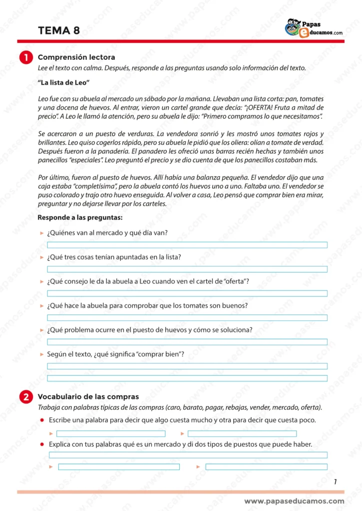 Actividades de comprensión lectora a partir del texto La lista de Leo, con preguntas para localizar información y entender qué significa “comprar bien”.