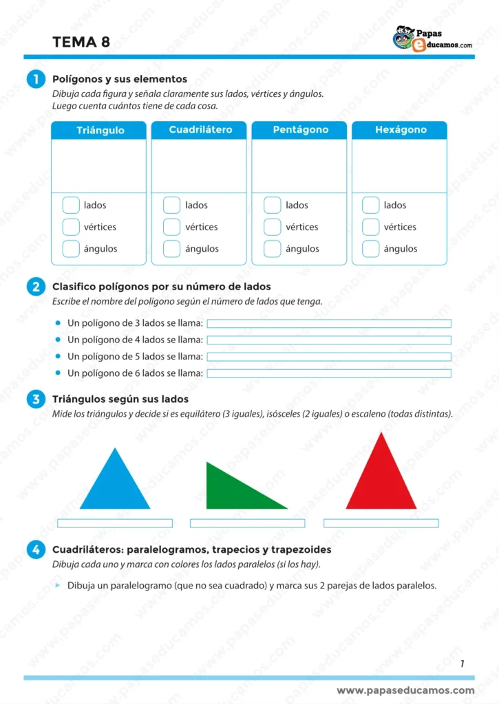 Actividades para dibujar y reconocer los elementos de los polígonos (lados, vértices y ángulos), clasificar figuras por número de lados, identificar tipos de triángulos según sus lados y trabajar cuadriláteros marcando lados paralelos.