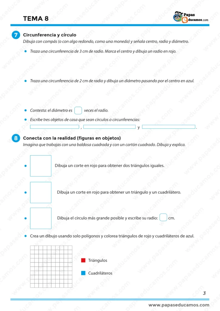 Ejercicios para trazar circunferencias con radio dado, señalar centro, radio y diámetro y completar la relación entre radio y diámetro. Incluye tareas para conectar geometría con objetos reales y crear dibujos usando solo polígonos.