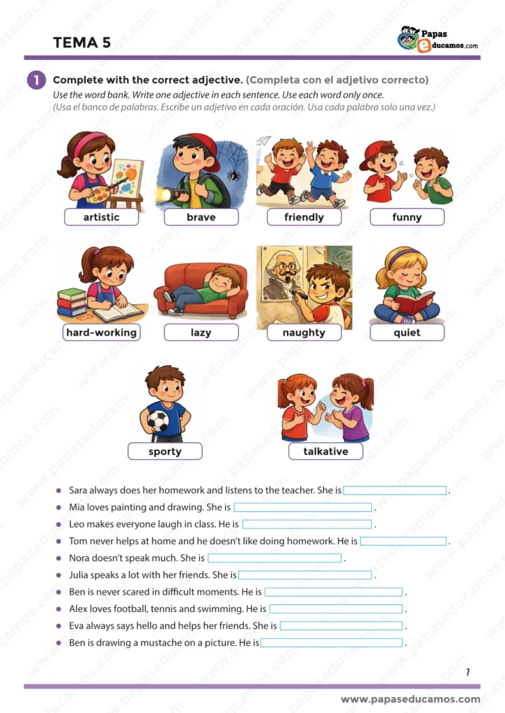 Tema 5 Inglés 5º Primaria: adjetivos de personalidad (friendly, funny, brave...), completar frases con el adjetivo correcto