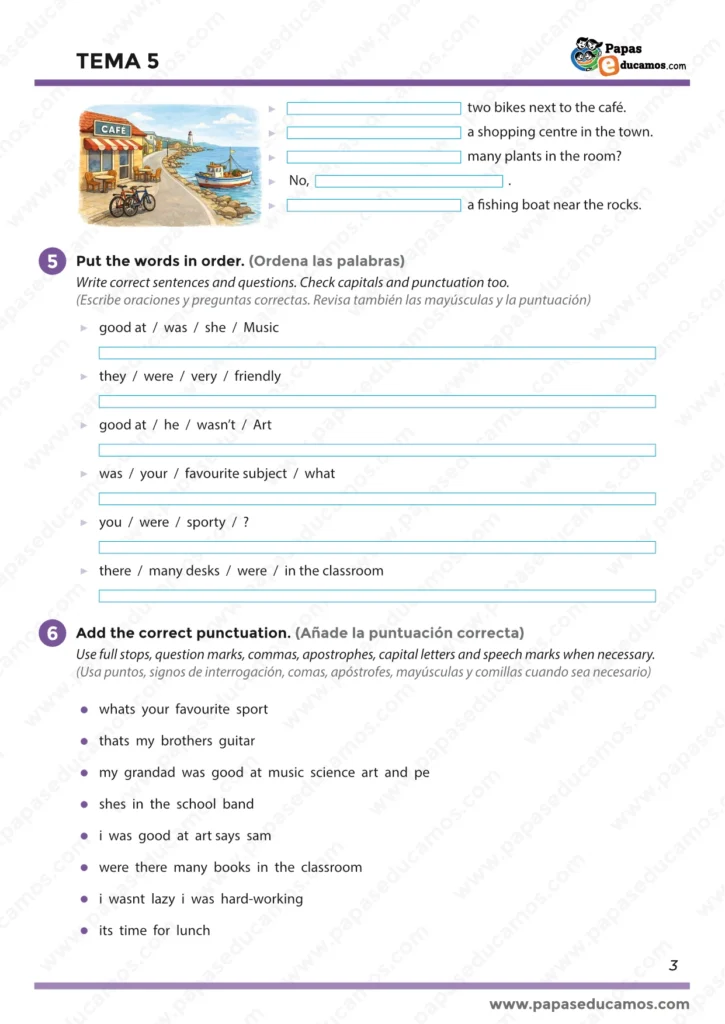 Tema 5 Inglés 5º Primaria: there was/there were en un pueblo, ordenar palabras para formar frases y añadir la puntuación correcta