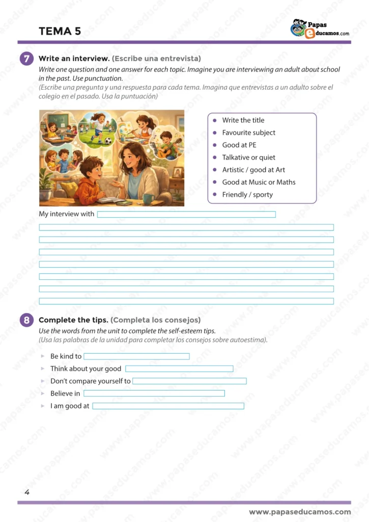 Tema 5 Inglés 5º Primaria: escribir una entrevista sobre el cole en el pasado y completar consejos de autoestima con vocabulario de la unidad
