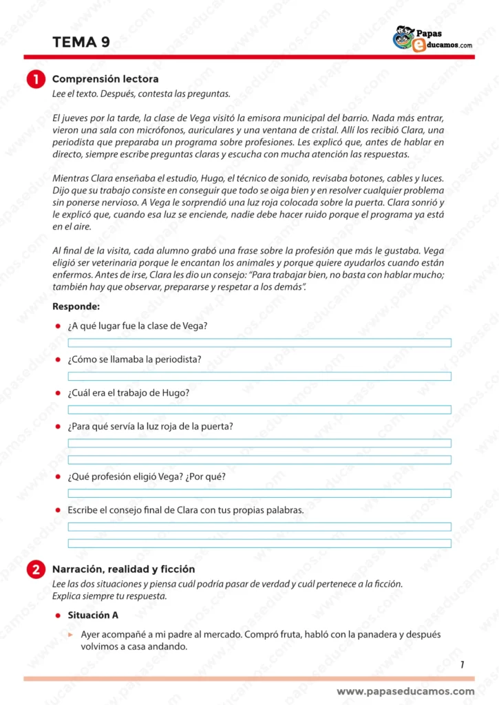 Tema 9 Lengua 5º Primaria: comprensión lectora sobre una visita a la emisora municipal y preguntas de lectura