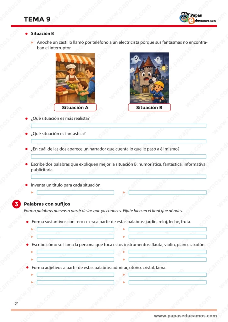 Tema 9 Lengua 5º Primaria: narración realidad y ficción, y formación de palabras con sufijos
