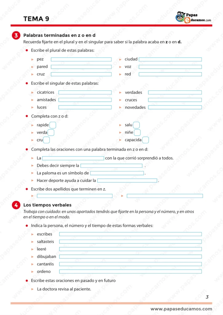 Tema 9 Lengua 5º Primaria: ortografía de palabras terminadas en z o d y actividades de tiempos verbales