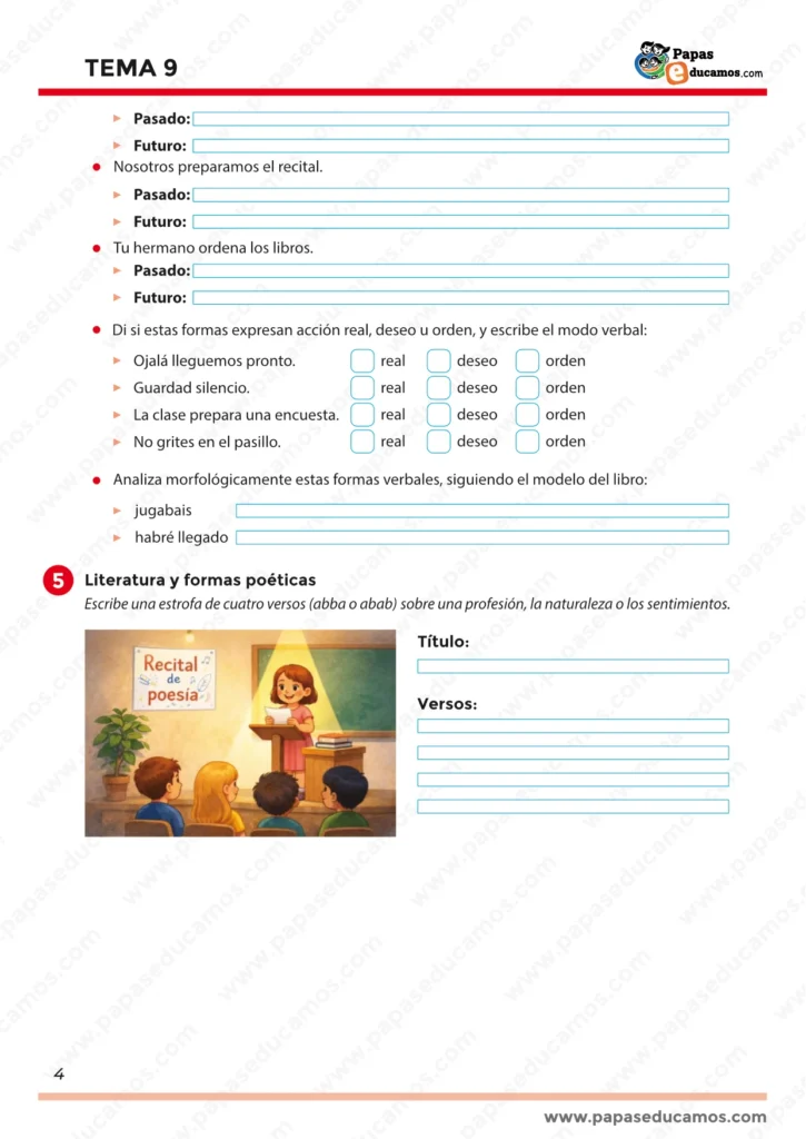 Tema 9 Lengua 5º Primaria: tiempos verbales (pasado y futuro, modo verbal) y escritura de estrofa con rima ABBA o ABAB