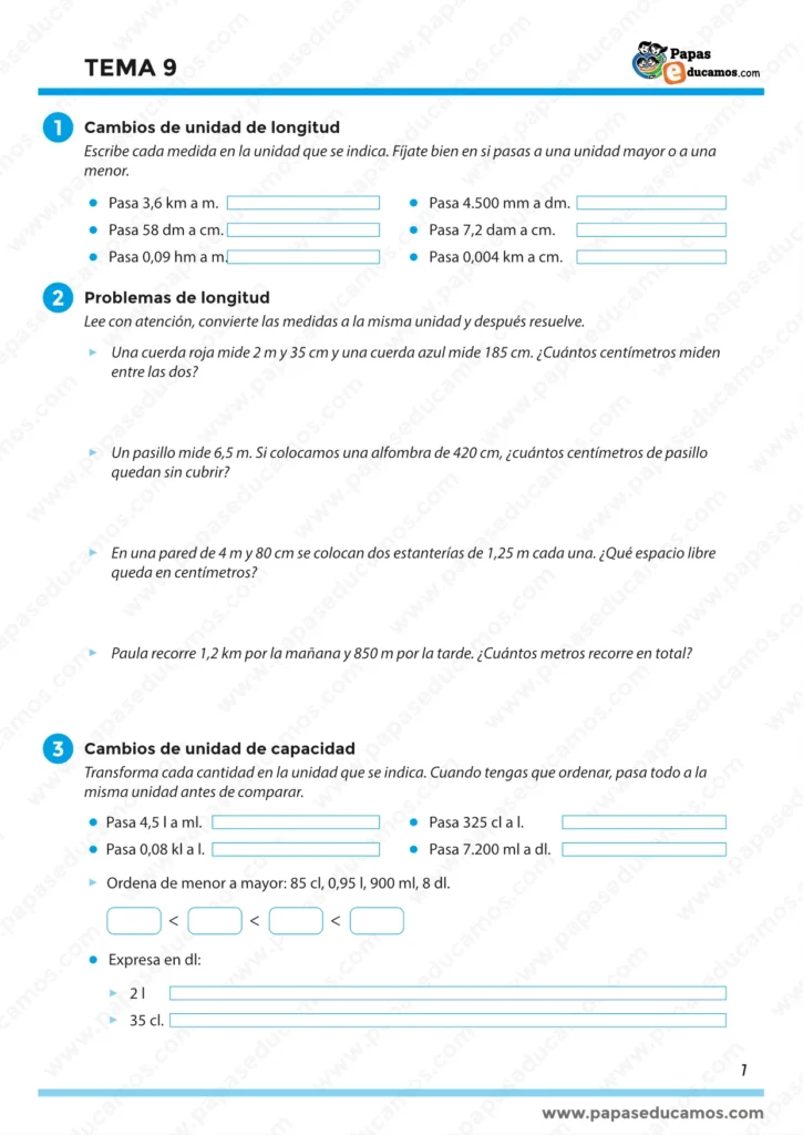Tema 9 Matemáticas 5º Primaria: cambios de unidad de longitud y problemas de longitud, y conversiones de capacidad
