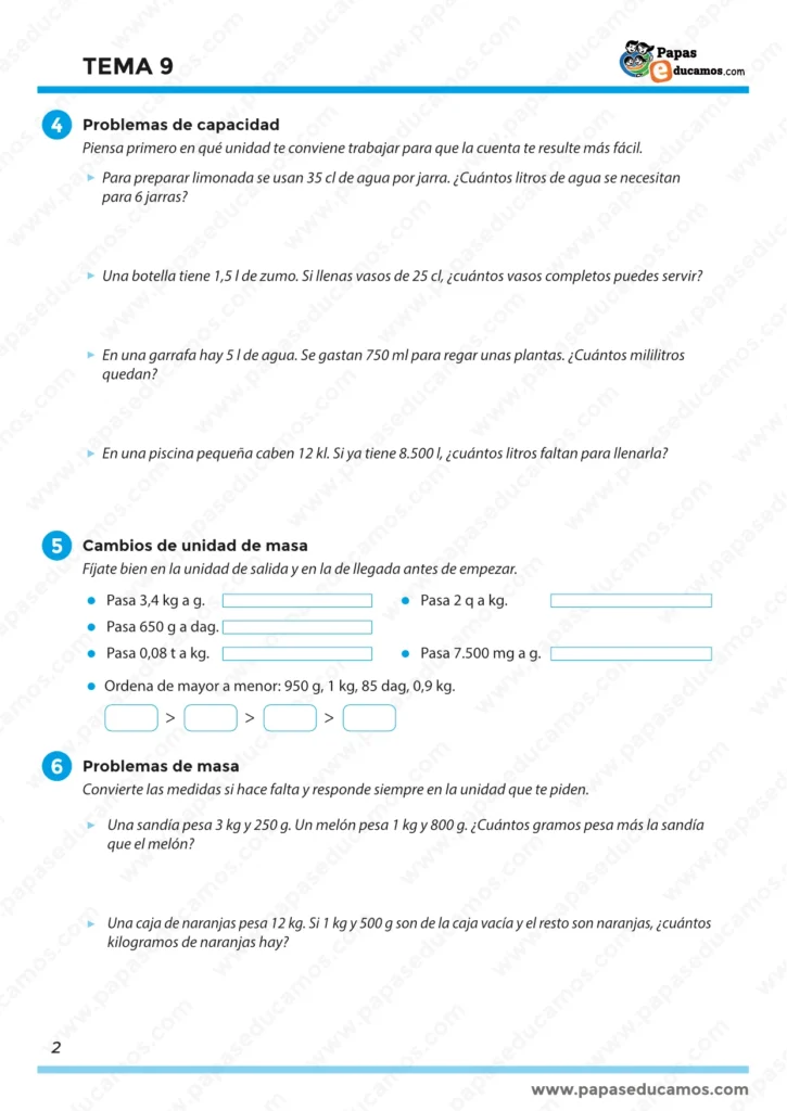 Tema 9 Matemáticas 5º Primaria: problemas de capacidad, cambios de unidad de masa y problemas con masas