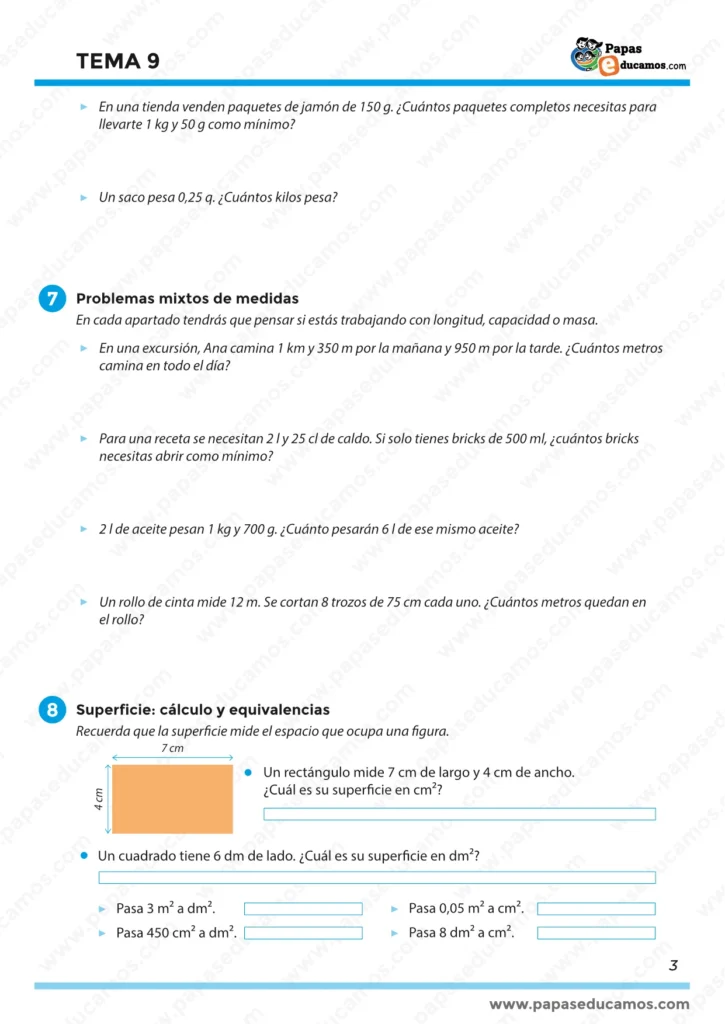 Tema 9 Matemáticas 5º Primaria: problemas de capacidad, cambios de unidad de masa y problemas con masas