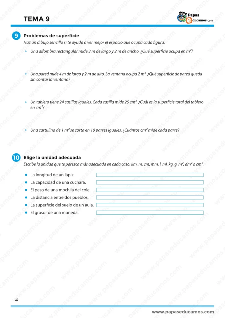 Tema 9 Matemáticas 5º Primaria: problemas de superficie y elegir la unidad adecuada (longitud, capacidad, masa y área)
