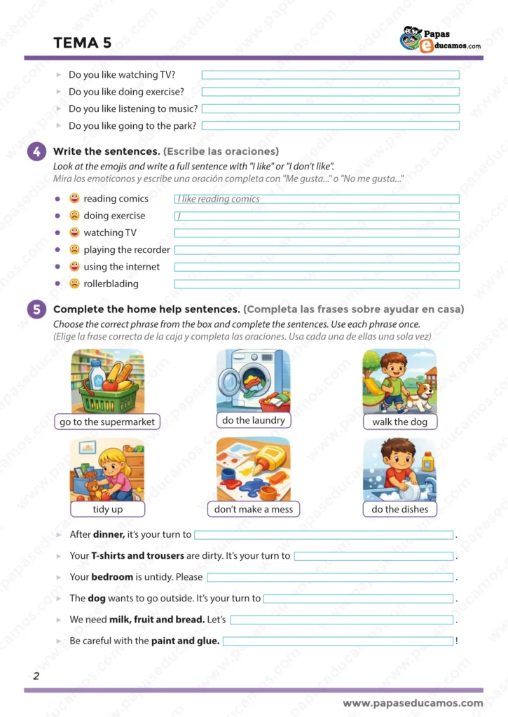 Tema 5 Inglés 3º Primaria: escribir frases con I like/I don't like y completar oraciones sobre ayudar en casa