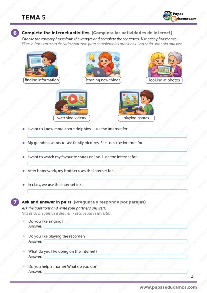 Tema 5 Inglés 3º Primaria: actividades en internet (finding information, watching videos, playing games) y preguntas por parejas