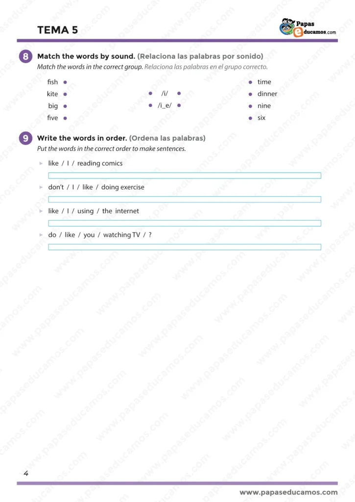 Tema 5 Inglés 3º Primaria: clasificar palabras por sonido y ordenar palabras para formar oraciones y preguntas