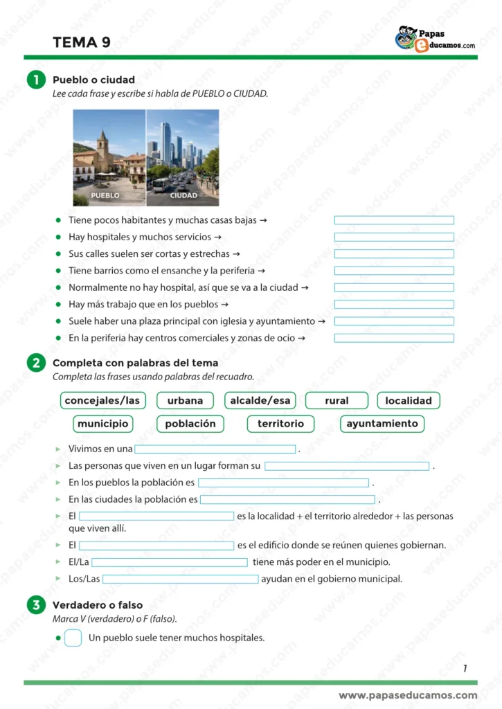 Tema 9 Conocimiento del Medio 3º Primaria: diferencias entre pueblo y ciudad, vocabulario del municipio y verdadero o falso