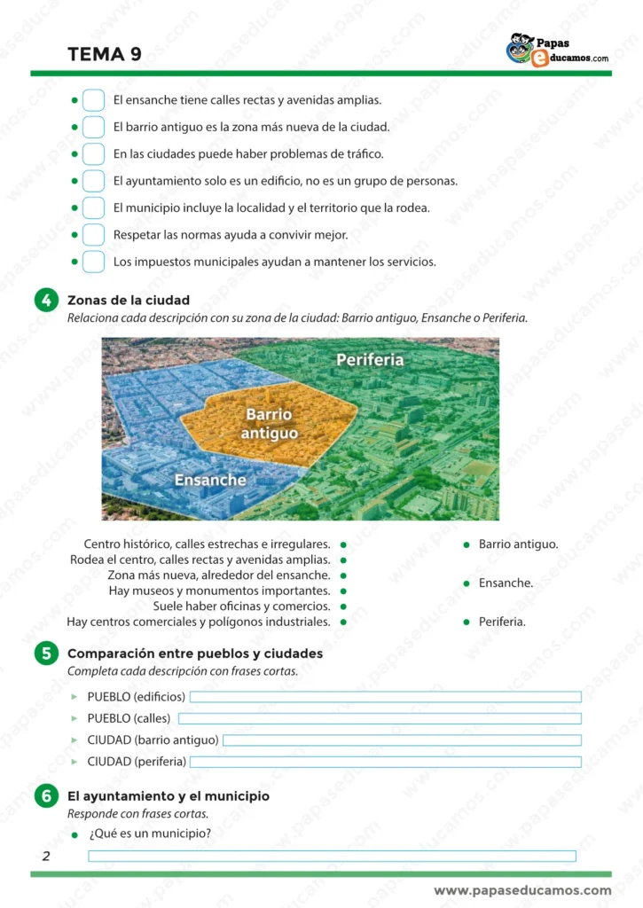 Tema 9 Conocimiento del Medio 3º Primaria: verdadero o falso, zonas de la ciudad (barrio antiguo, ensanche y periferia) y comparación pueblo ciudad