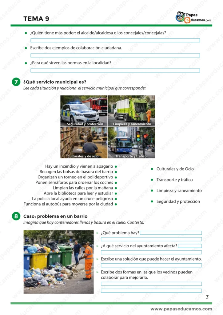 Tema 9 Conocimiento del Medio 3º Primaria: ayuntamiento y normas, servicios municipales, y caso de basura en un barrio con propuestas de mejora
