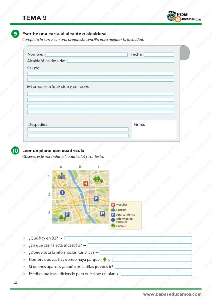 Tema 9 Conocimiento del Medio 3º Primaria: escribir una carta al alcalde o alcaldesa y leer un plano con cuadrícula para localizar servicios y lugares
