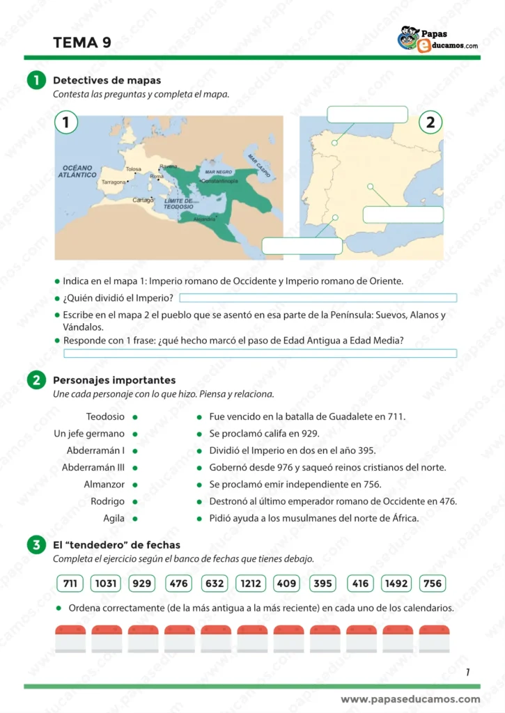 Tema 9 Conocimiento del Medio 5º Primaria: mapas del Imperio romano y pueblos germánicos, personajes importantes y línea del tiempo con fechas