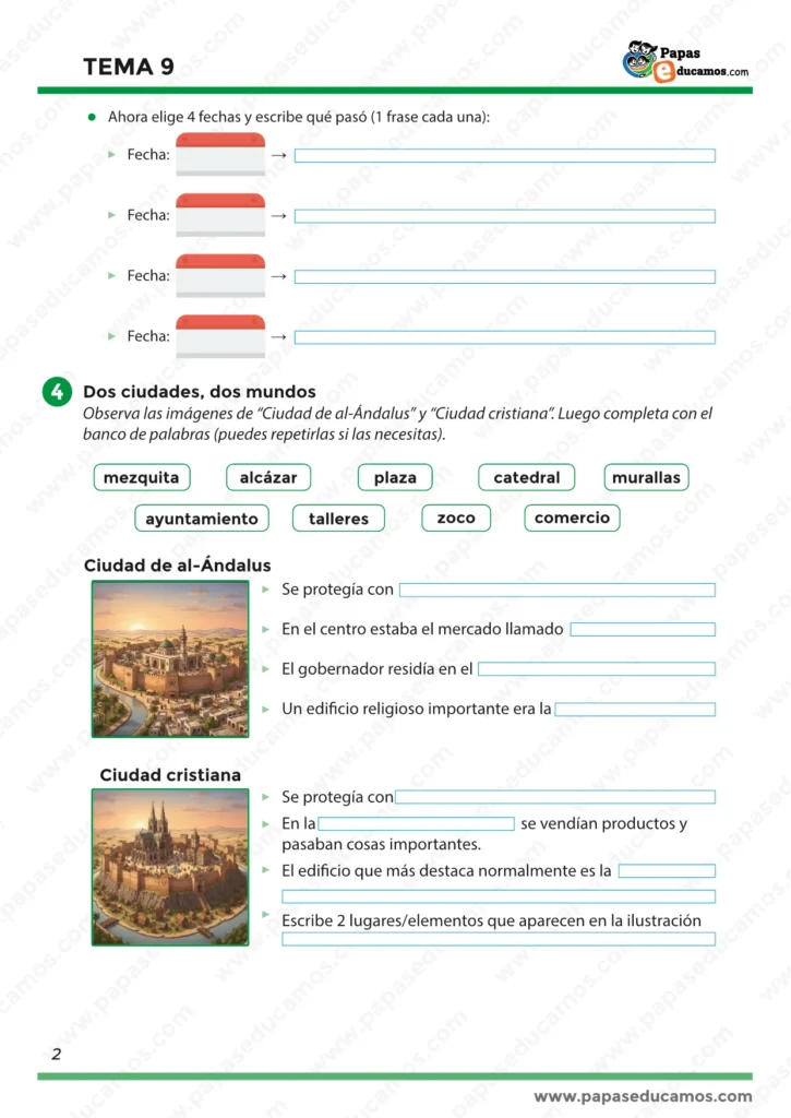 Tema 9 Conocimiento del Medio 5º Primaria: actividad de fechas y comparación de ciudad de al-Ándalus y ciudad cristiana con vocabulario