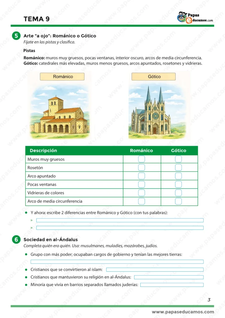 Tema 9 Conocimiento del Medio 5º Primaria: diferencias entre arte románico y gótico y sociedad en al-Ándalus (musulmanes, muladíes, mozárabes y judíos)