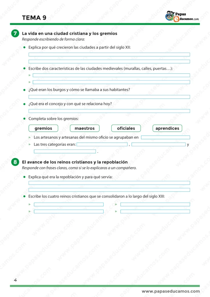 Tema 9 Conocimiento del Medio 5º Primaria: vida en ciudades cristianas, burgos y gremios, y avance de reinos cristianos con repoblación
