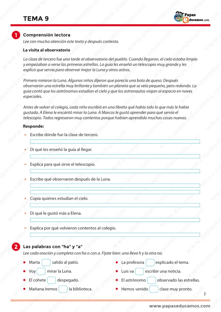 Tema 9 Lengua 3º Primaria: comprensión lectora “La visita al observatorio” y ejercicio para elegir entre “ha” y “a”