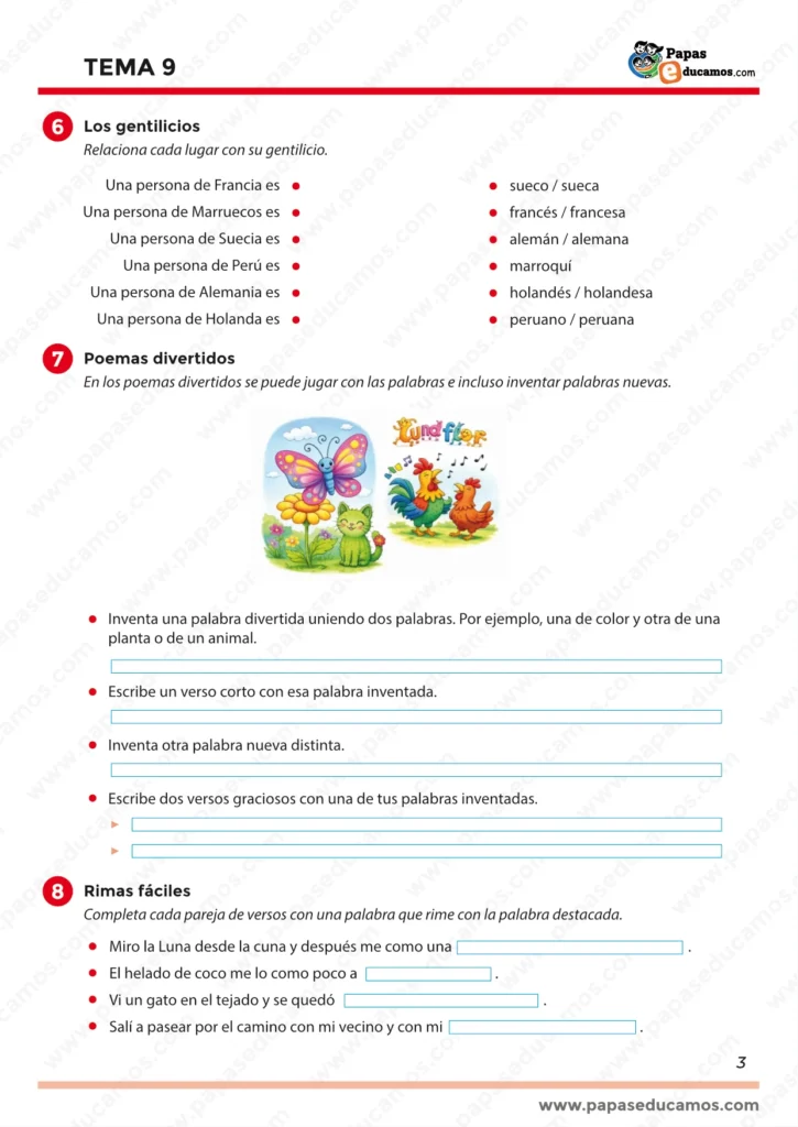 Tema 9 Lengua 3º Primaria: ejercicio de gentilicios, poemas divertidos inventando palabras y rimas fáciles para completar
