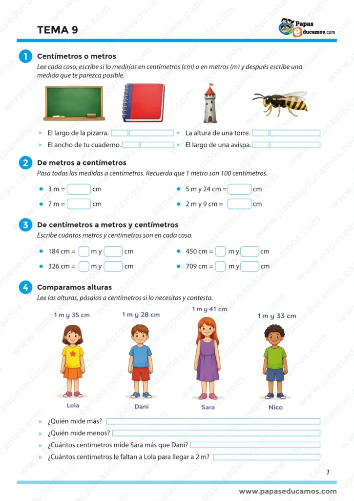 Tema 9 Matemáticas 3º Primaria: centímetros o metros, convertir de metros a centímetros y comparar alturas