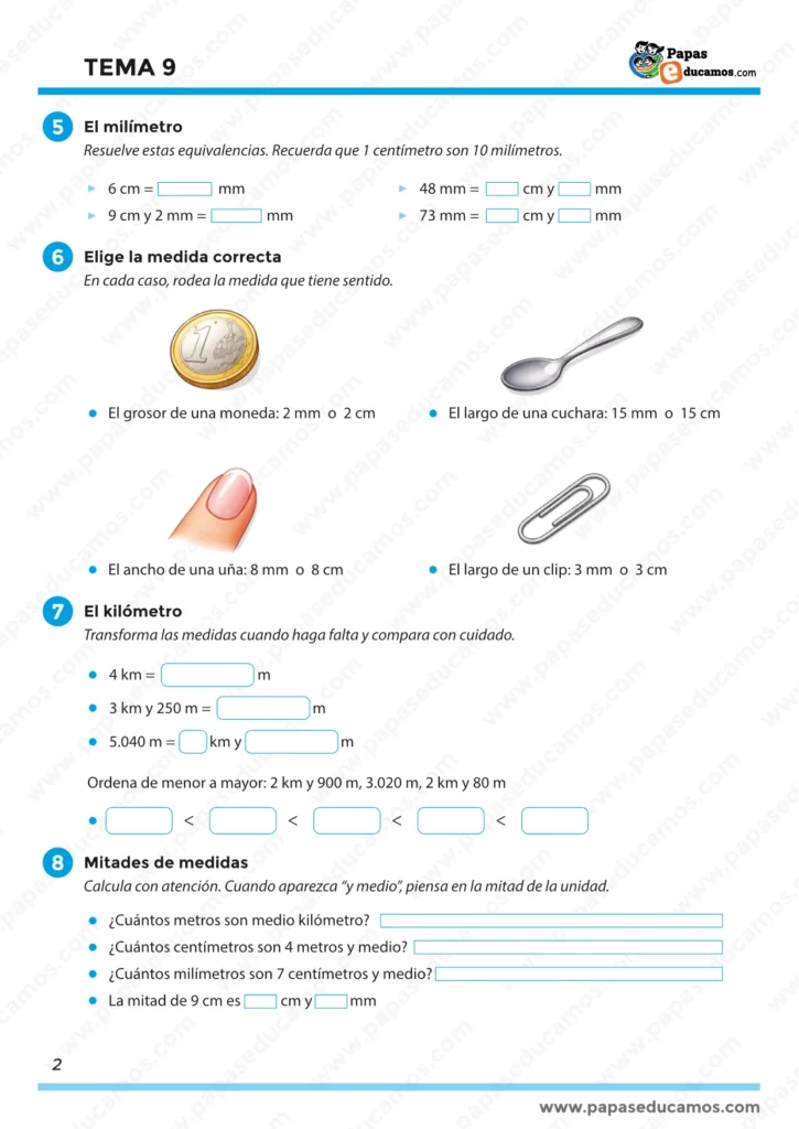 Tema 9 Matemáticas 3º Primaria: el milímetro, elegir la medida correcta, el kilómetro y mitades de medidas