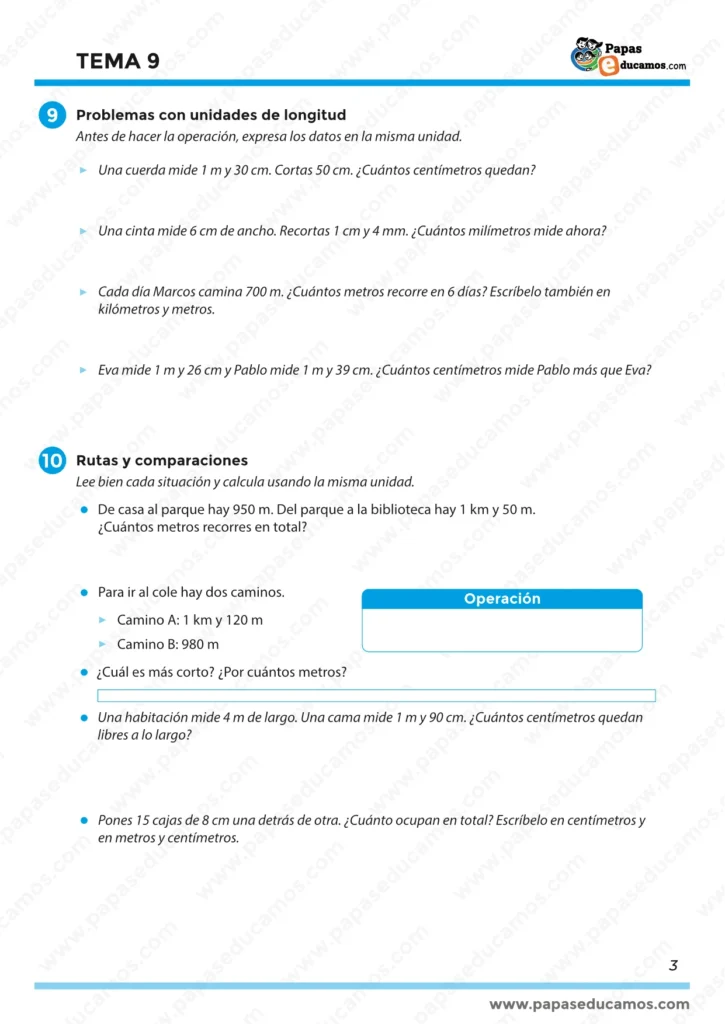 Tema 9 Matemáticas 3º Primaria: problemas con unidades de longitud y rutas para comparar distancias en metros y centímetros