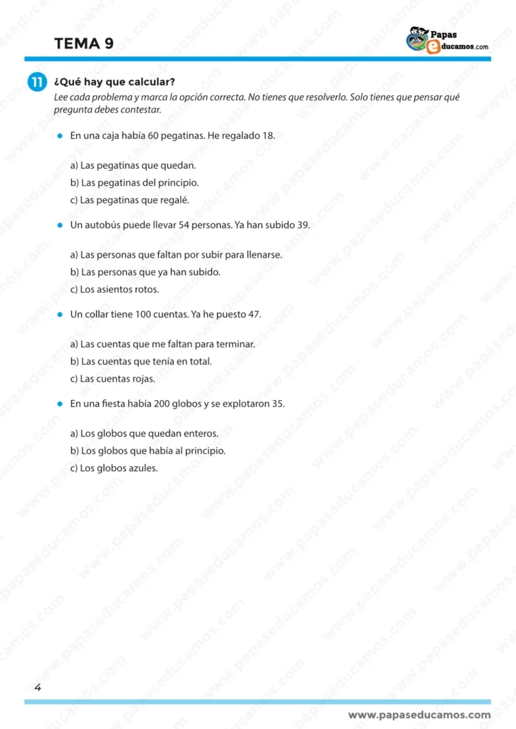 Tema 9 Matemáticas 3º Primaria: ejercicio “¿Qué hay que calcular?” para identificar la pregunta correcta en problemas