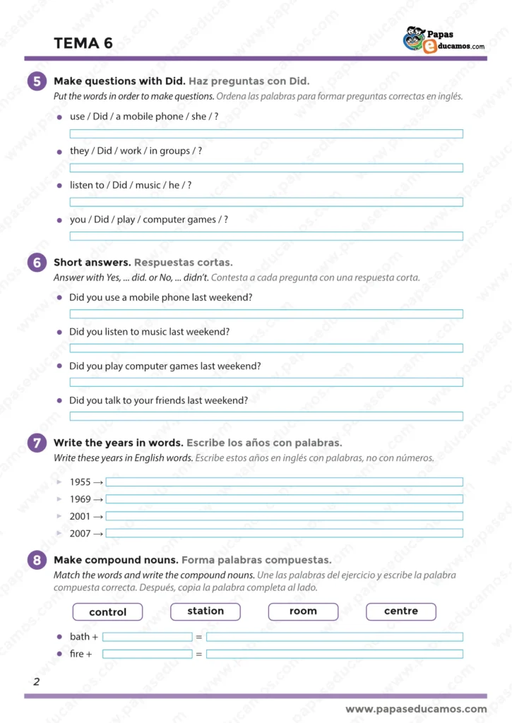 ejercicios_ingles_tema_6_5_primaria_02 Tema 6 Inglés 5º Primaria: preguntas con Did, short answers (Yes…did/No…didn’t), years in words y compound nouns.