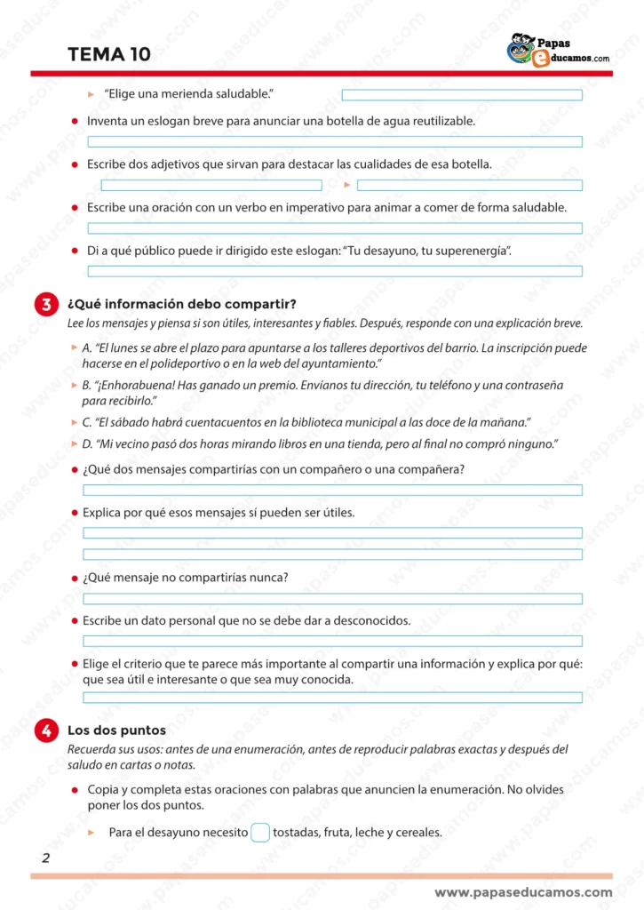 ejercicios_lengua_tema_10_5_primaria_02 Tema 10 Lengua Primaria, página 2: ejercicios de anuncio (eslogan, adjetivos e imperativo) y “Qué información debo compartir”
