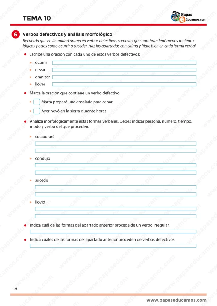 ejercicios_lengua_tema_10_5_primaria_04 Tema 10 Lengua Primaria, página 4: verbos defectivos y análisis morfológico (persona, número, tiempo y modo)