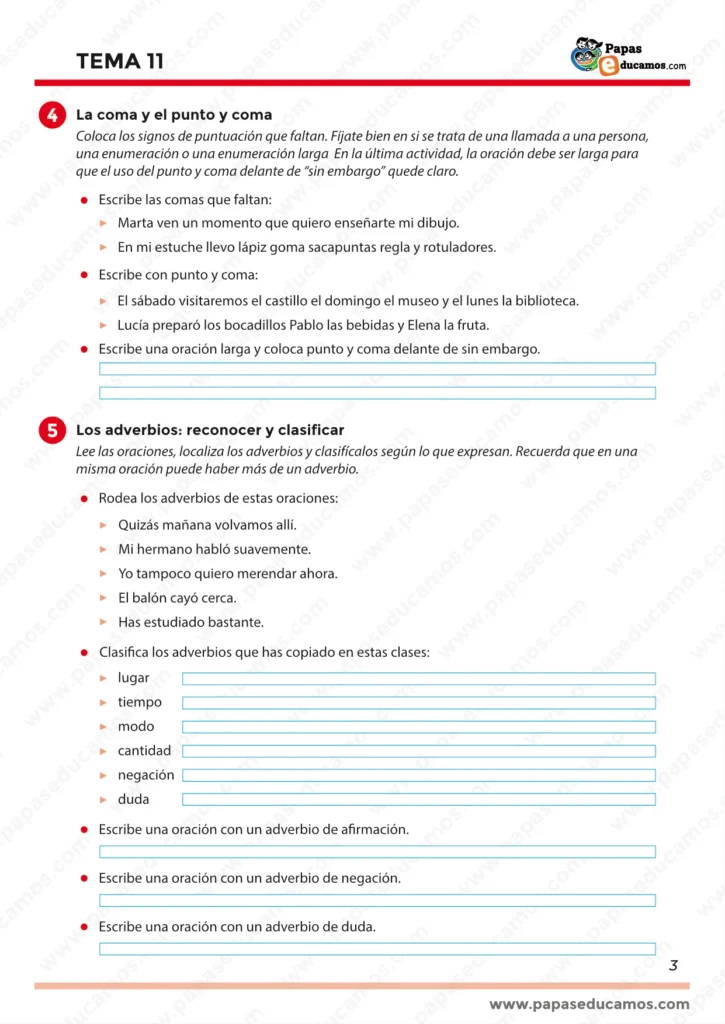 ejercicios_lengua_tema_11_5_primaria_03 Página 3 del Tema 11 Lengua 5º Primaria: la coma y el punto y coma, y adverbios para reconocer y clasificar por tipo (lugar, tiempo, modo, cantidad, negación, duda).